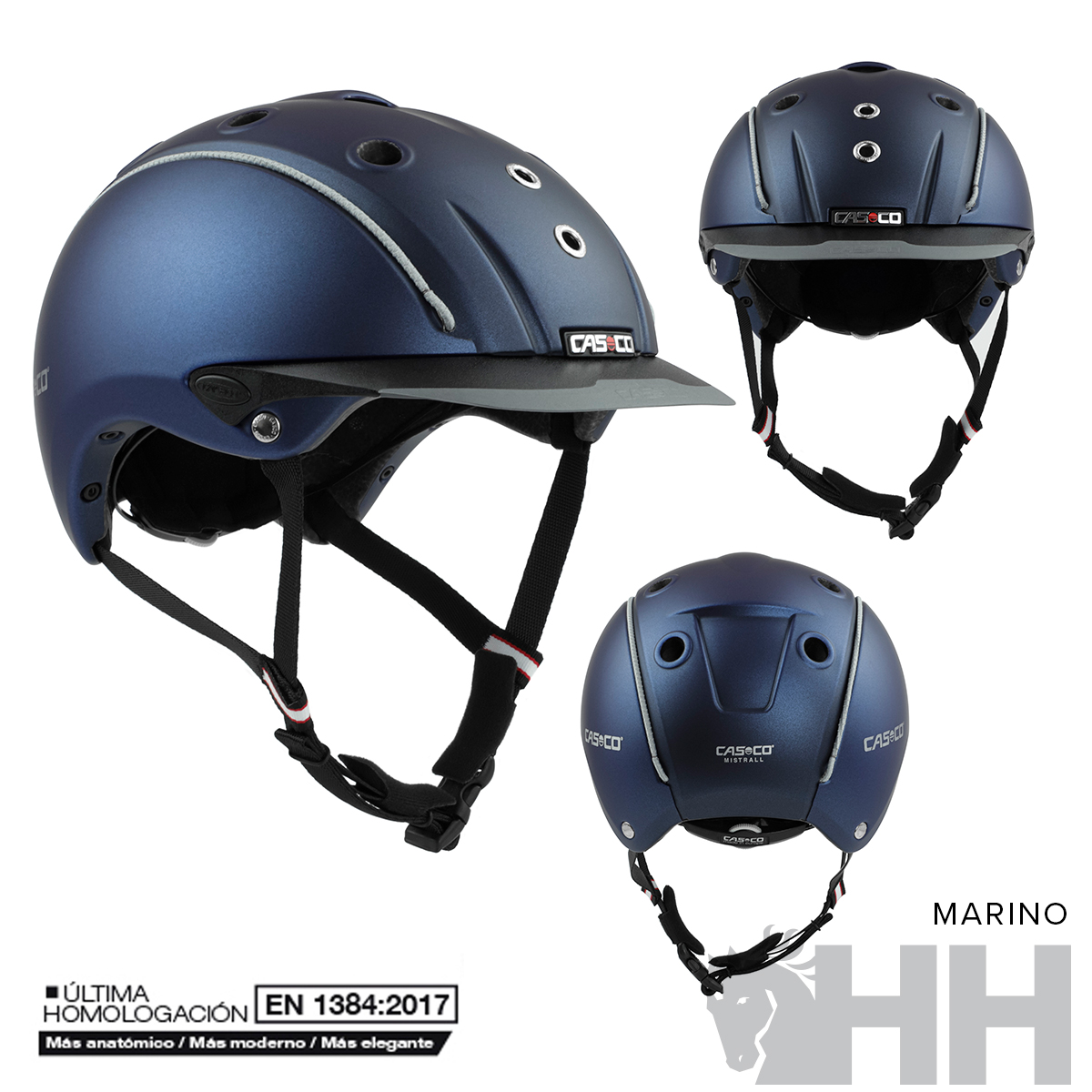 Capacete de equitação azul marinho com cintas de ajuste e ventilação