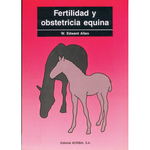 Capa do livro 'Fertilidad y obstetricia equina' com ilustração de dois cavalos e fundo rosa