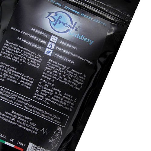 Embalagem preta de aditivo para lavandaria Bfresh Sodlery com texto técnico e instruções
