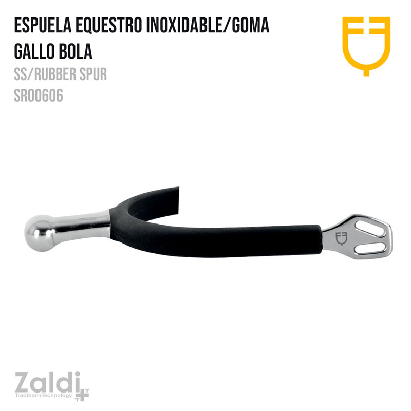 Espuela equestre inoxidável com borracha preta e bola metálica