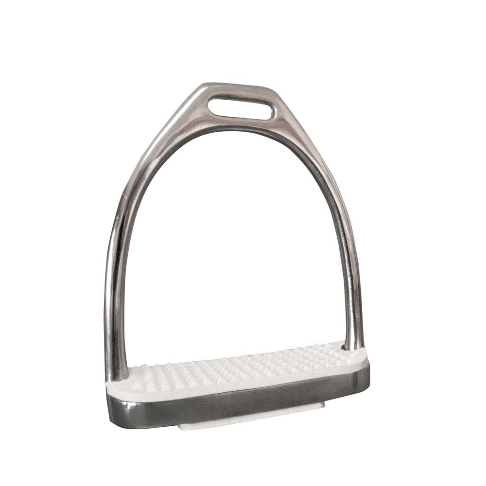 Estribo metálico prateado com apoio branco texturizado antiderrapante