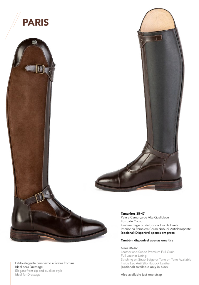 Par de botas de equitação castanhas com fivelas e sola preta sobre fundo branco