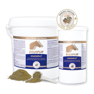 Equipur metabol suplemento para cavalo em embalagens brancas com pó verde e colher