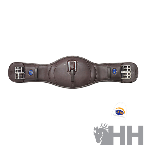 Cincha de equitação em couro castanho com fivelas metálicas duplas e acolchoamento