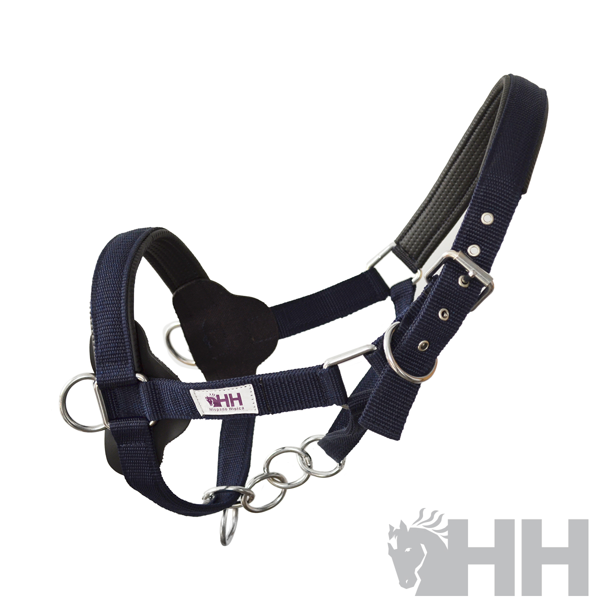 Cabresto de cavalo azul escuro com fivelas metálicas e almofada preta