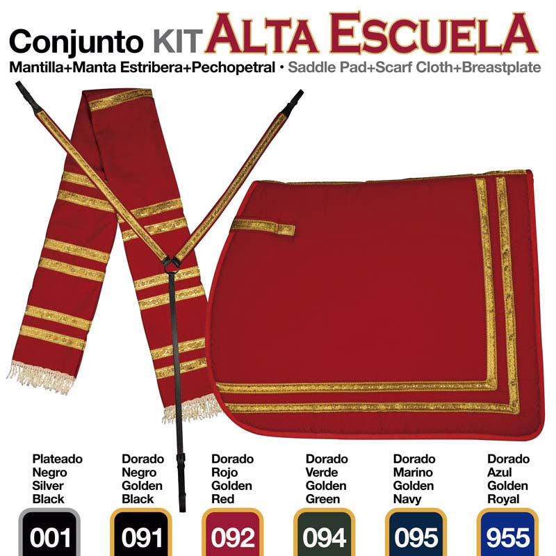 Kit de equipamento para cavalo em vermelho com detalhes dourados e franjas brancas