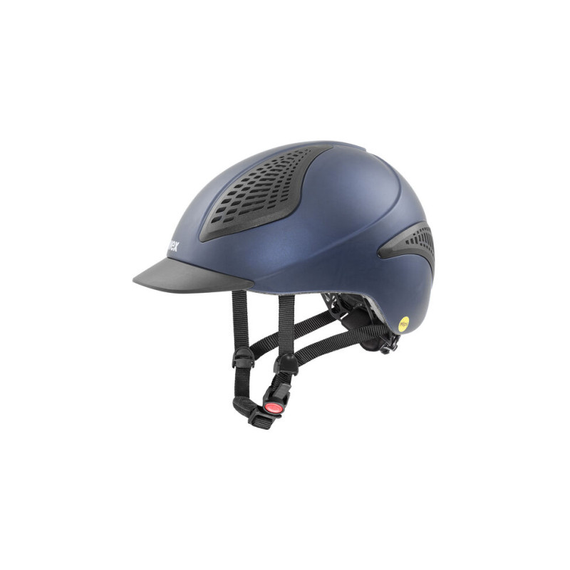 Capacete azul com ventilação e alças pretas em fundo branco