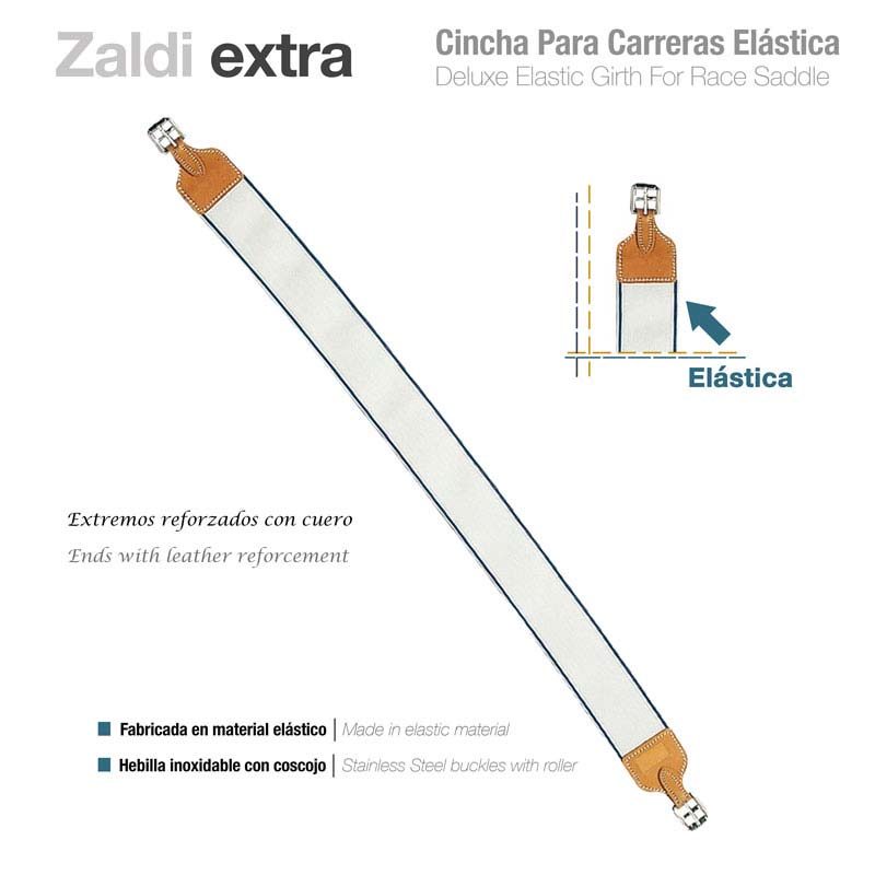 Cincha elástica branca com extremidades em couro castanho e fivelas metálicas