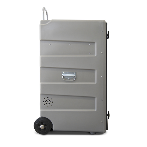 Mala de viagem rígida cinzenta com rodas e pegas metálicas