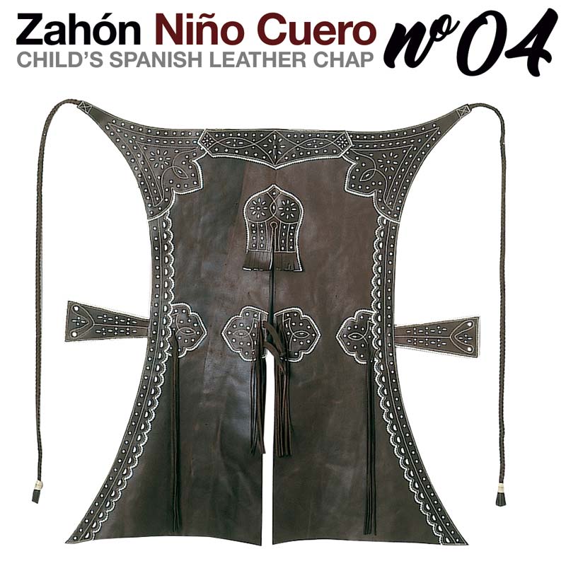 Zahón Niño Cuero n.º 04 couro castanho escuro com bordados brancos e cordões laterais