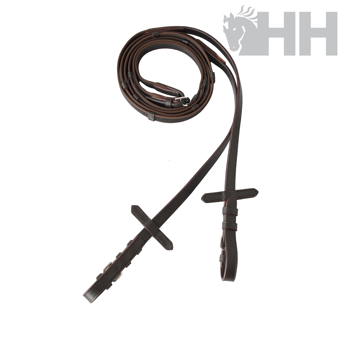 Rédea castanha em couro com presilhas e barrinhas transversais, fundo branco