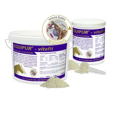 Dois frascos de suplemento em pó EQUIPUR vitafit com rótulos azuis e roxos para cavalos