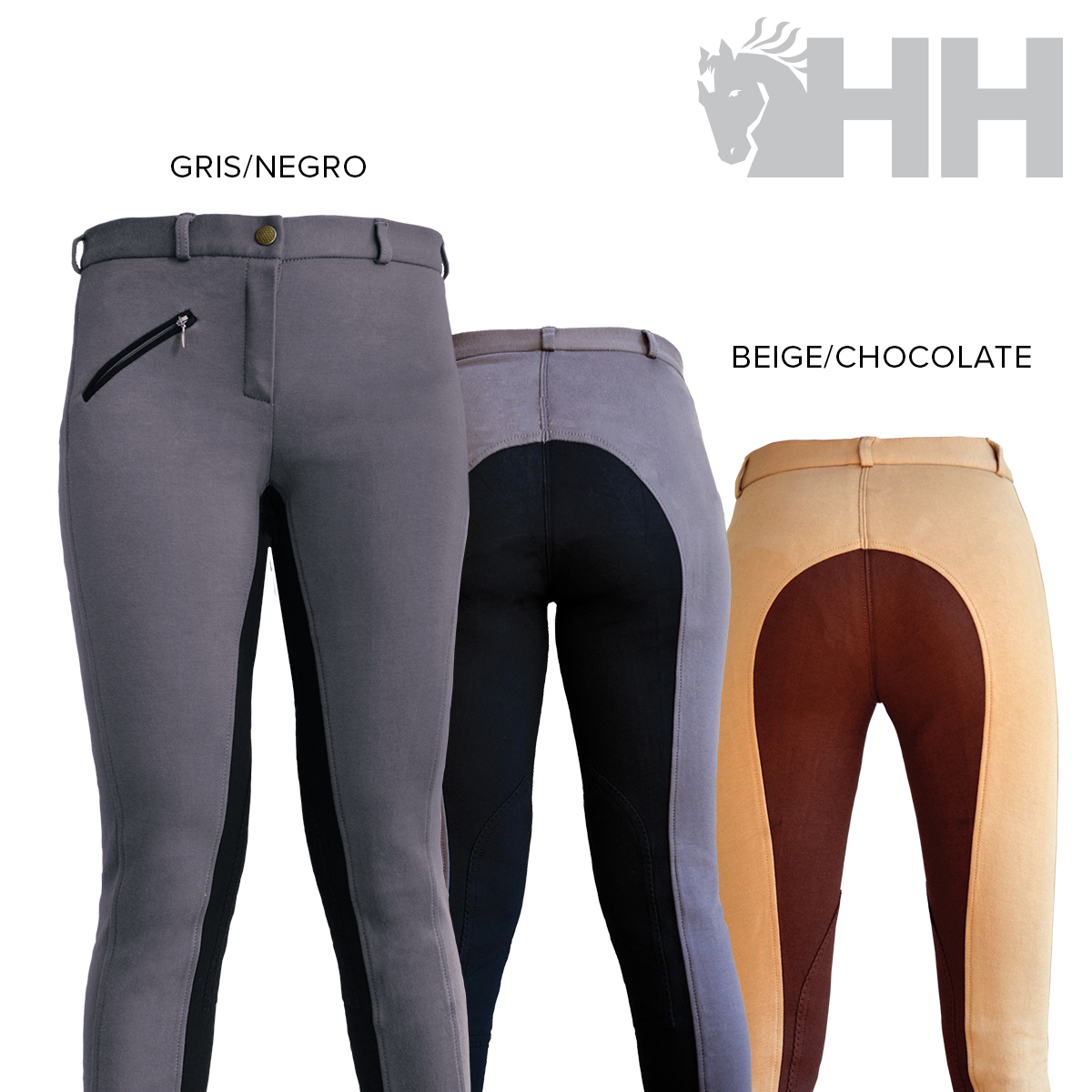 Calças de equitação cinza/preto e bege/chocolate com reforço traseiro contrastante