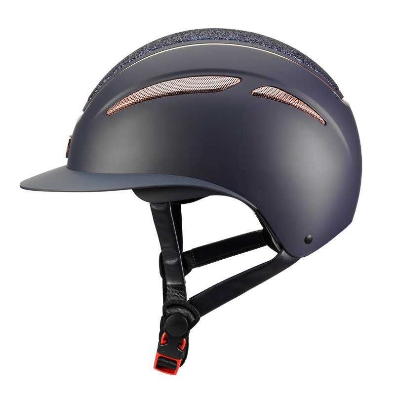 Capacete de equitação cinzento escuro com ventilação em malha rosa e fecho preto e vermelho