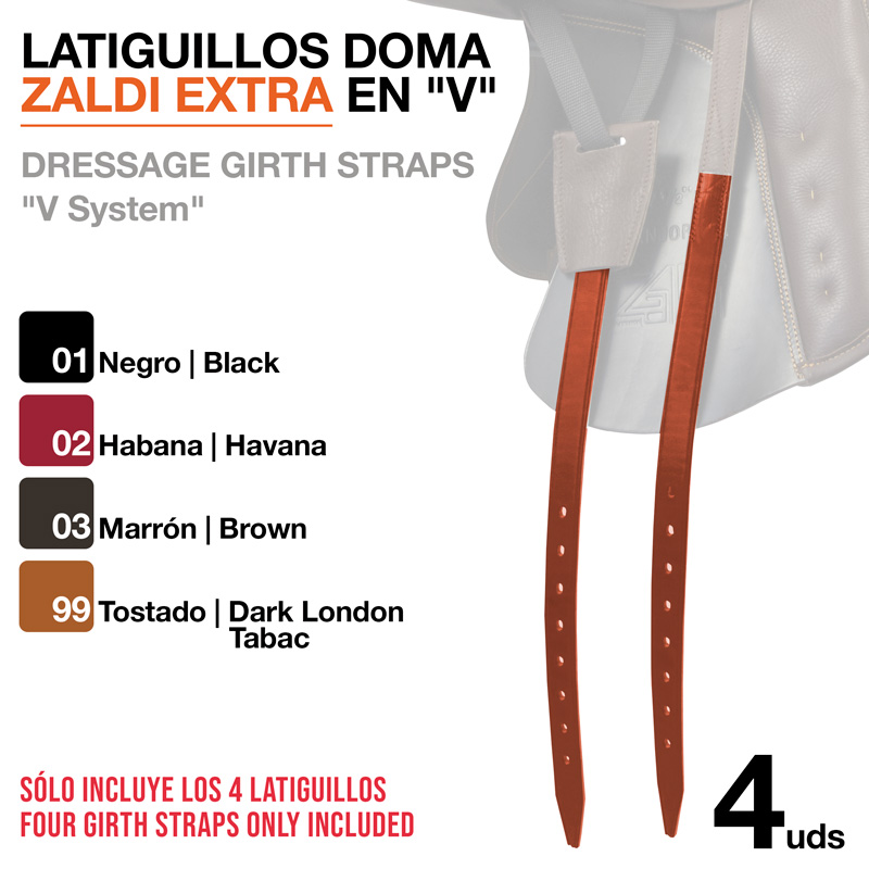 Quatro latiguillos de doma ZALDI EXTRA cor Tostado com sistema em 'V'