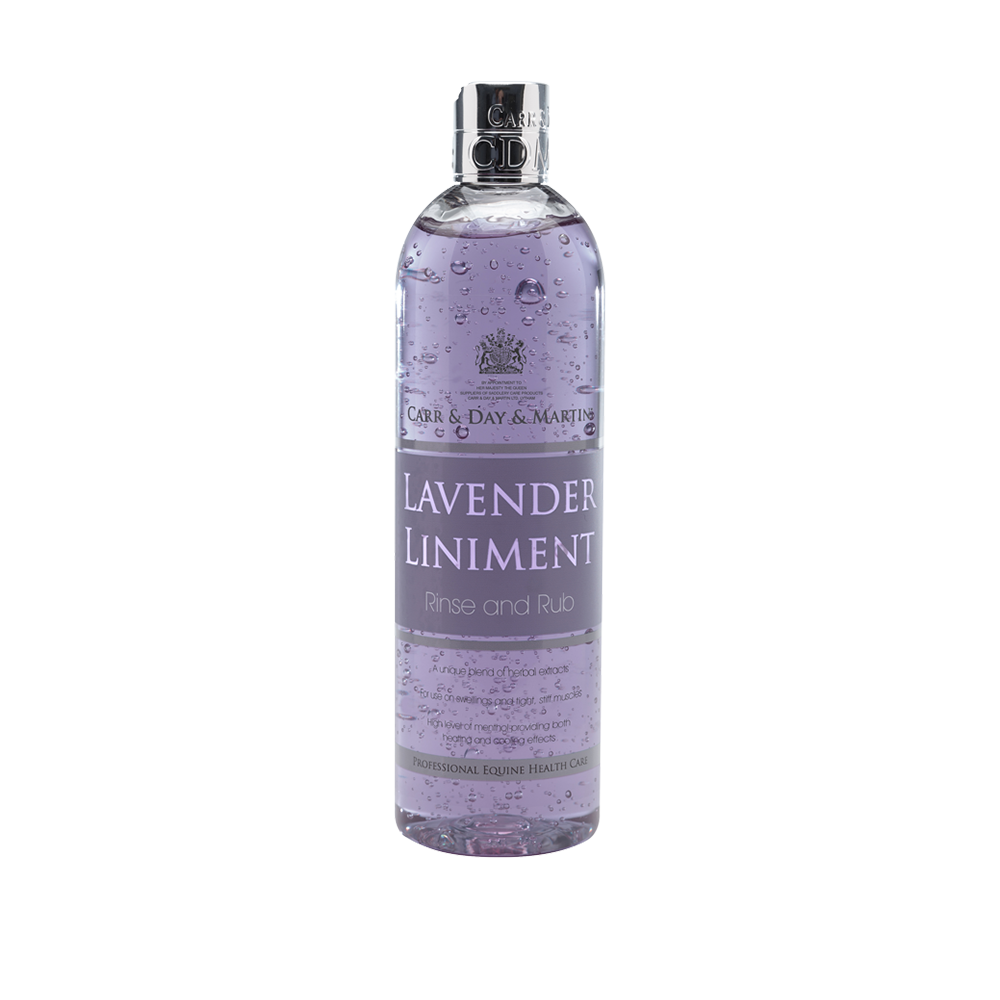 Garrafa transparente com líquido lilás e etiqueta roxa Lavander Liniment