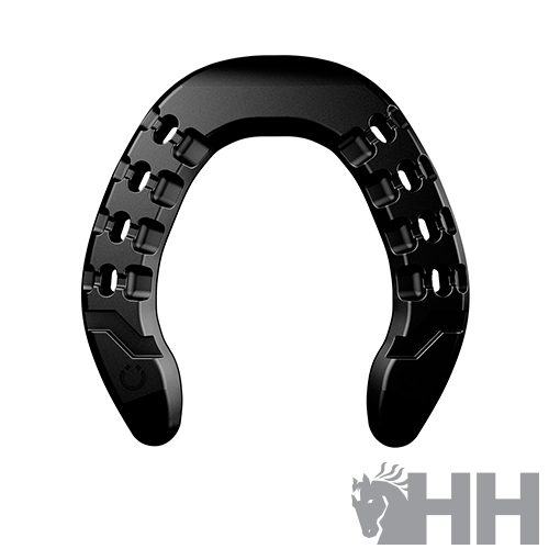 Anilha preta de ferradura com recortes e logo HH cinza