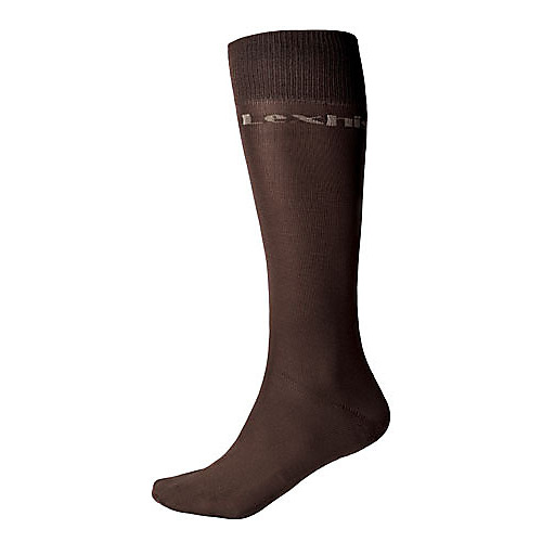 Meia comprida castanha com texto cinza no topo