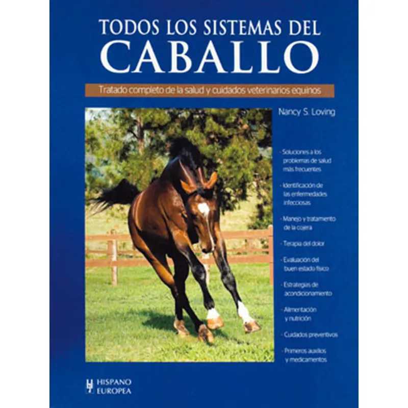 Capa de livro azul com um cavalo castanho a correr e texto sobre cuidados veterinários equinos