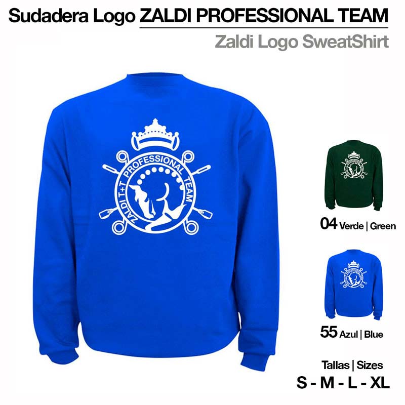 Sweatshirt azul e verde com logótipo branco da ZALDI PROFESSIONAL TEAM e design de cavalo, coroa e remos