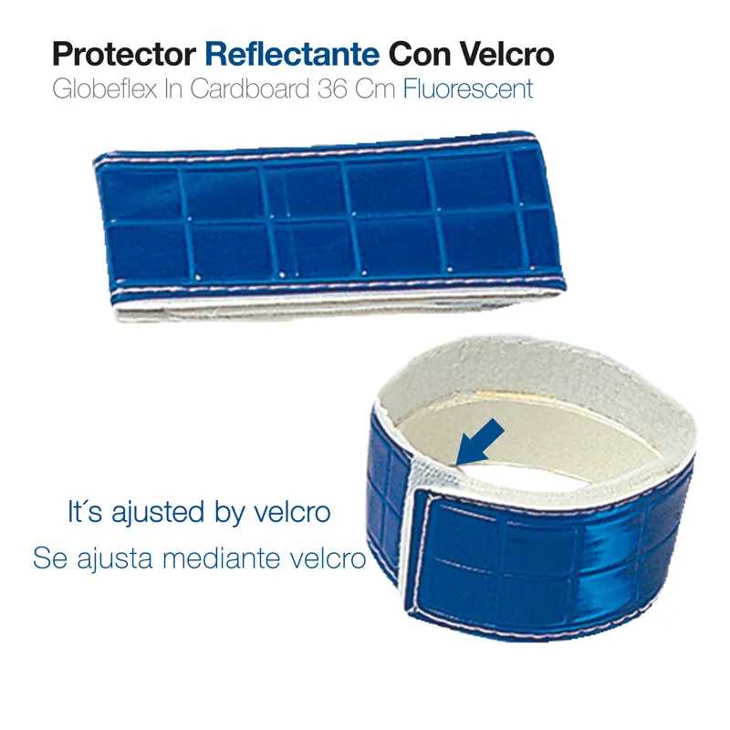 Protetor refletante azul com velcro de material fluorescente em duas formas diferentes