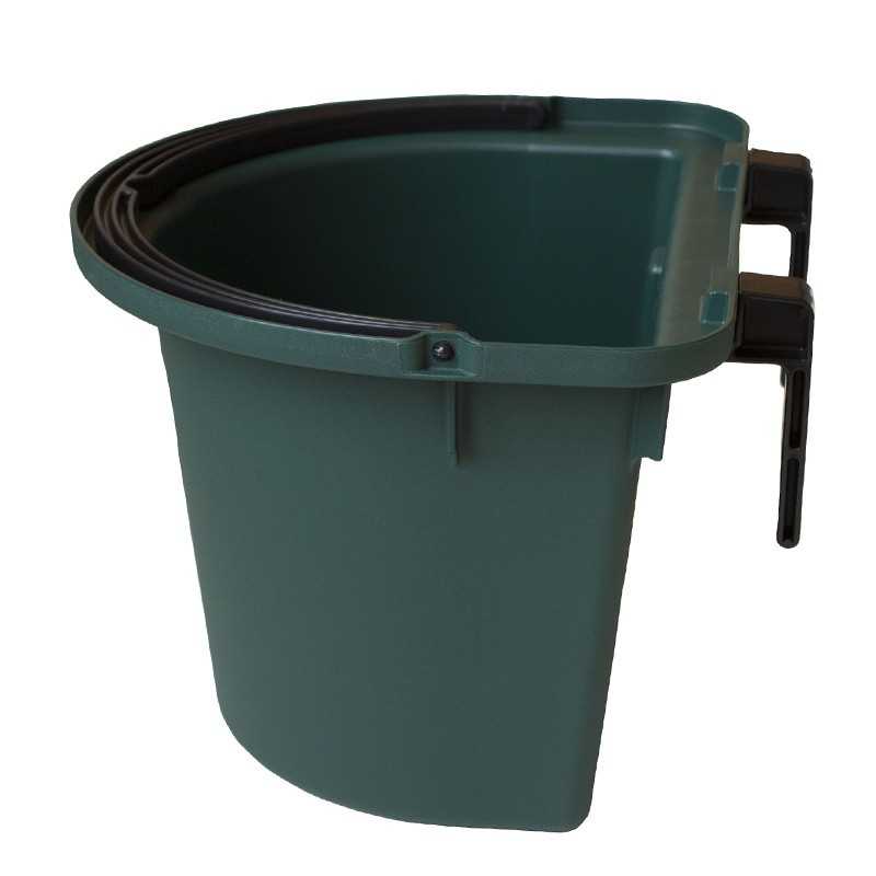 Contentor de plástico verde escuro com suportes pretos, formato triangular
