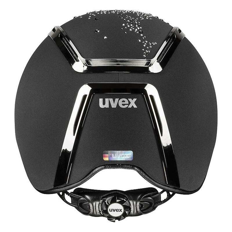 Capacete preto com logótipo uvex e fecho ajustável