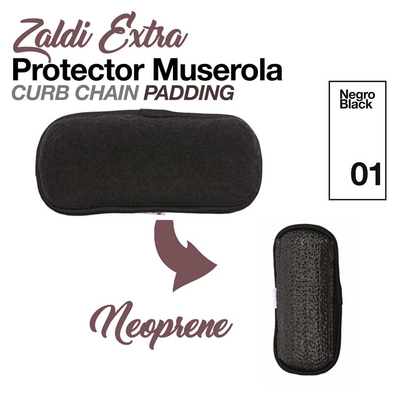 Protetor muserola preto em neoprene Zaldi Extra mostrado de frente e verso