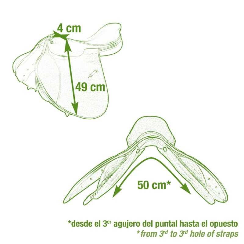 Desenho técnico verde de sela de cavalo com medidas e texto explicativo