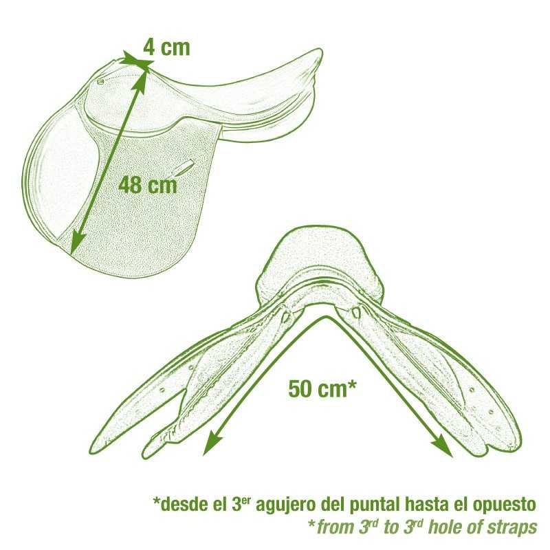 Sela de equitação verde com medidas e texto explicativo em castelhano e inglês