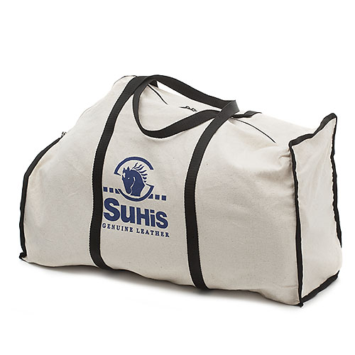 Mala tipo saco bege com alças pretas e logótipo azul SuHiS GENUINE LEATHER