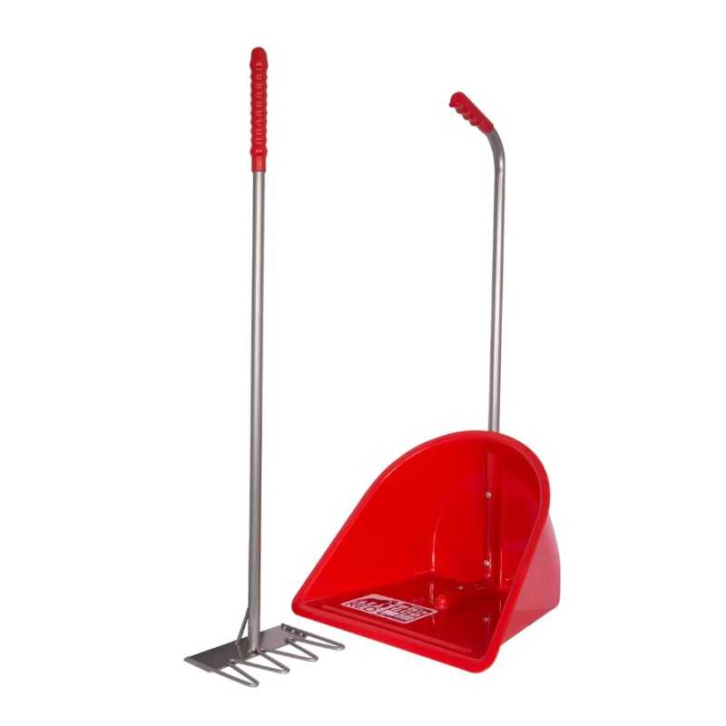 Pá vermelha de plástico e ferramenta metálica com cabo vermelho para limpeza