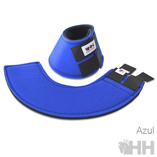 Conjunto azul para proteção de casco de cavalo com velcros pretos e etiqueta HH