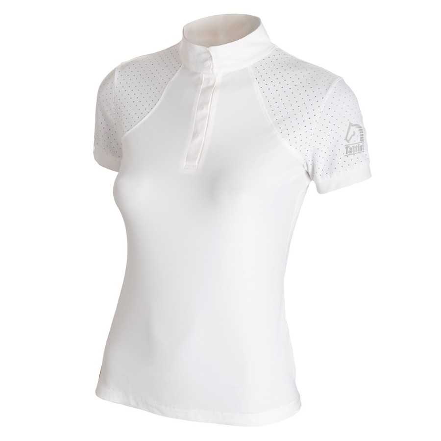 Camisola branca feminina com gola alta e mangas perfuradas