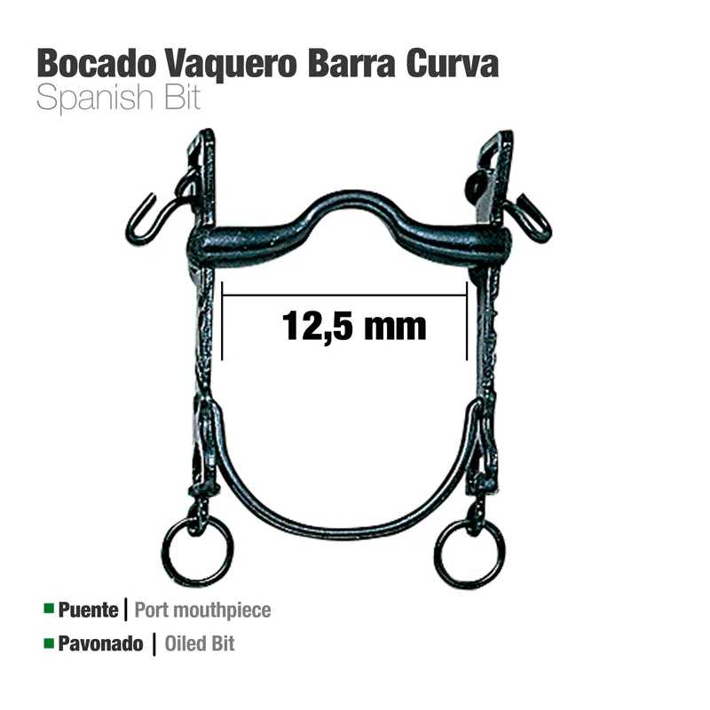 Bocado Vaquero Barra Curva de metal preto para cavalo com barra curva de 12,5 mm e anilhas circulares