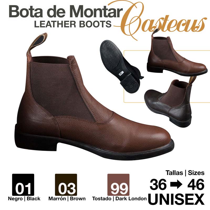 Botas de montar Castecus em couro nas cores preto, castanho e tostado, tamanhos 36-46 unissexo