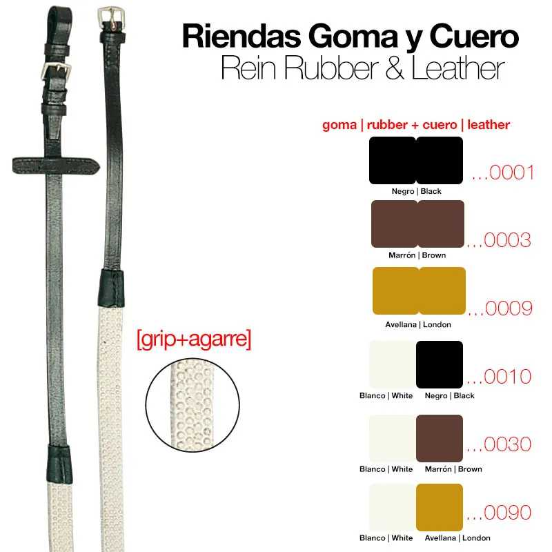 Rédeas de borracha e couro em várias cores com grip texturizado e amostras de cor