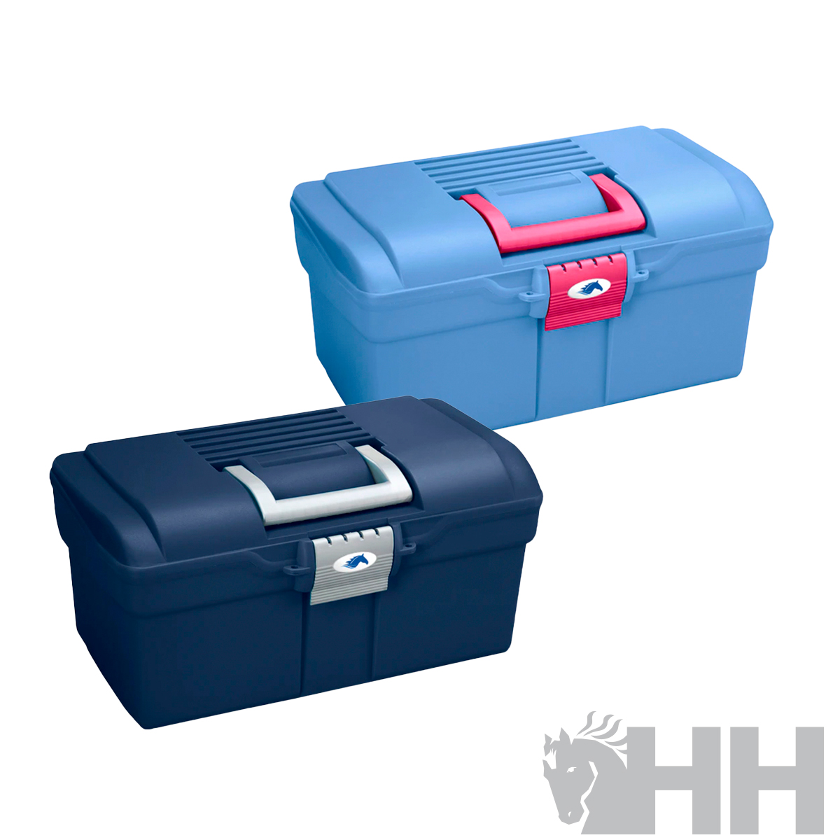 Duas caixas de arrumação de plástico azul com fechamentos coloridos