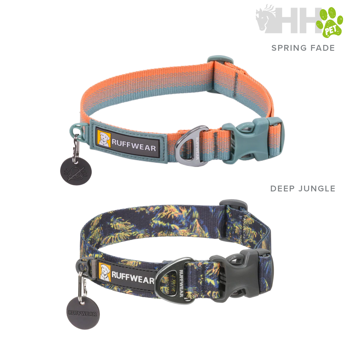 Duas coleiras para cães, uma laranja e cinzenta, outra com padrão floral azul e amarelo, ambas com fivela preta e etiqueta Ruffwear.