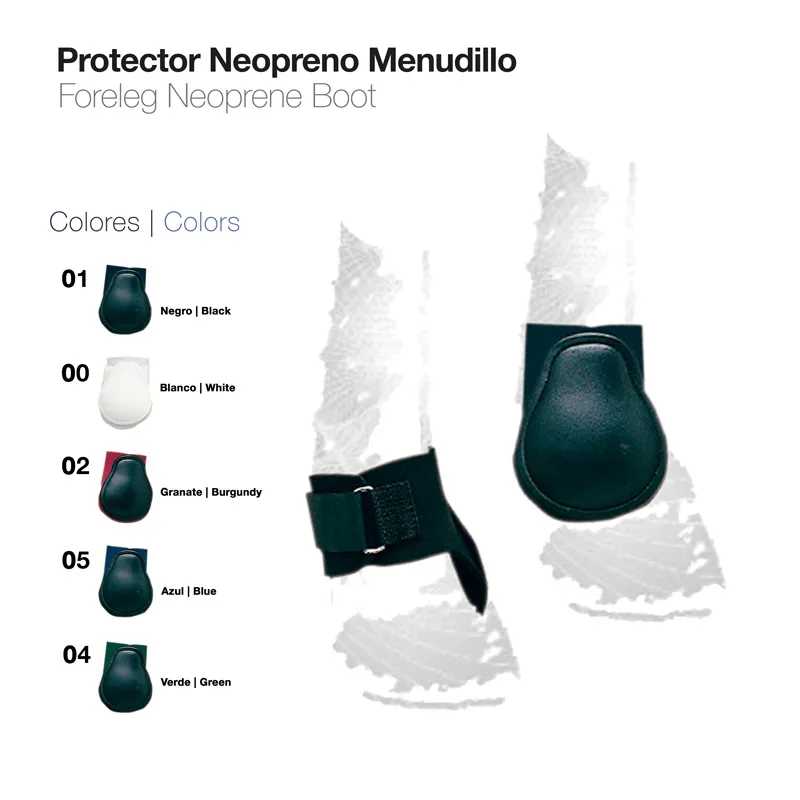 Protector de neopreno para menudillo em várias cores com texto explicativo.