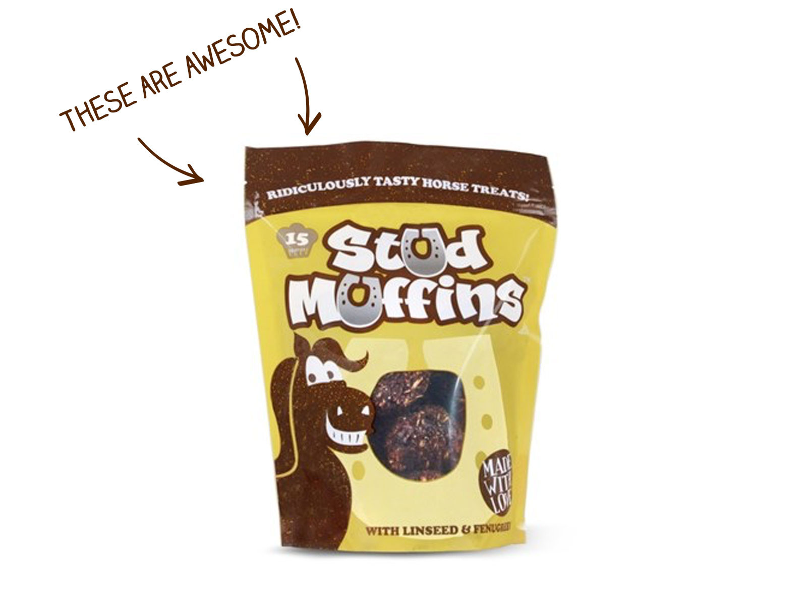 Pacote amarelo e castanho de biscoitos para cavalos com desenho de cavalo