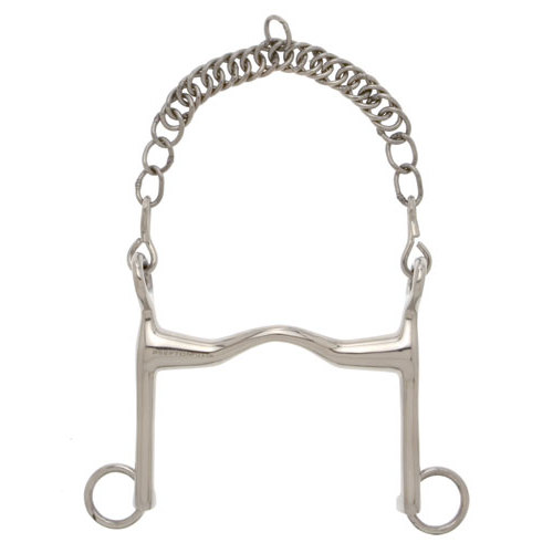 Freio de cavalo metálico prateado com corrente e argolas em fundo branco