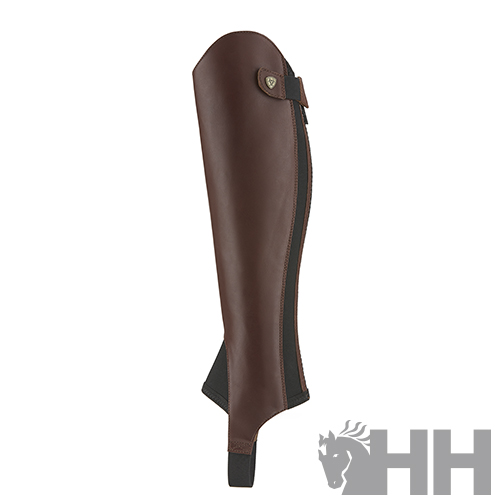 Perneira castanha em pele com fecho preto e detalhe metálico