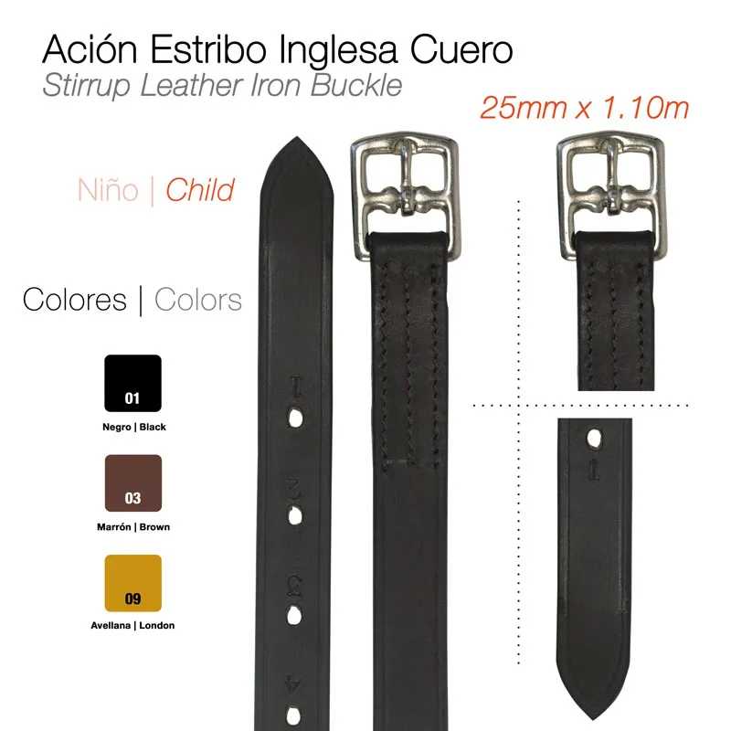 Correia de estribo inglesa em couro com fivela de ferro prateada e várias cores para crianças