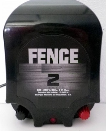 Dispositivo elétrico preto com etiqueta 'FENCE 2' e botões de ajuste preto e vermelho