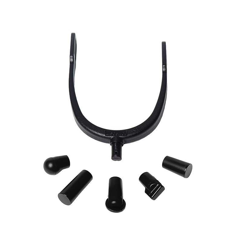 Suporte em forma de U preto com cinco pontas adaptadoras pretas em fundo branco