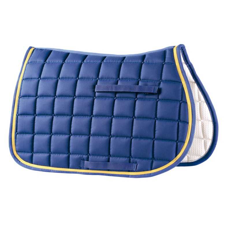 Almofada para sela de cavalo azul acolchoada com borda amarela e verso branco