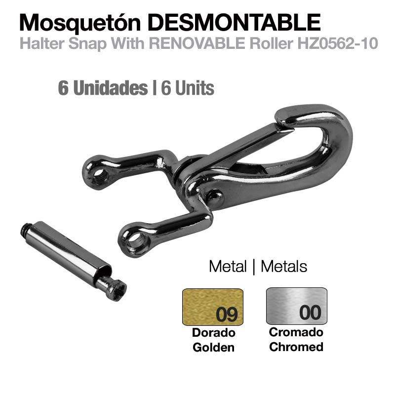 Mosquetão desmontável em metal cromado com pino removível e texto informativo