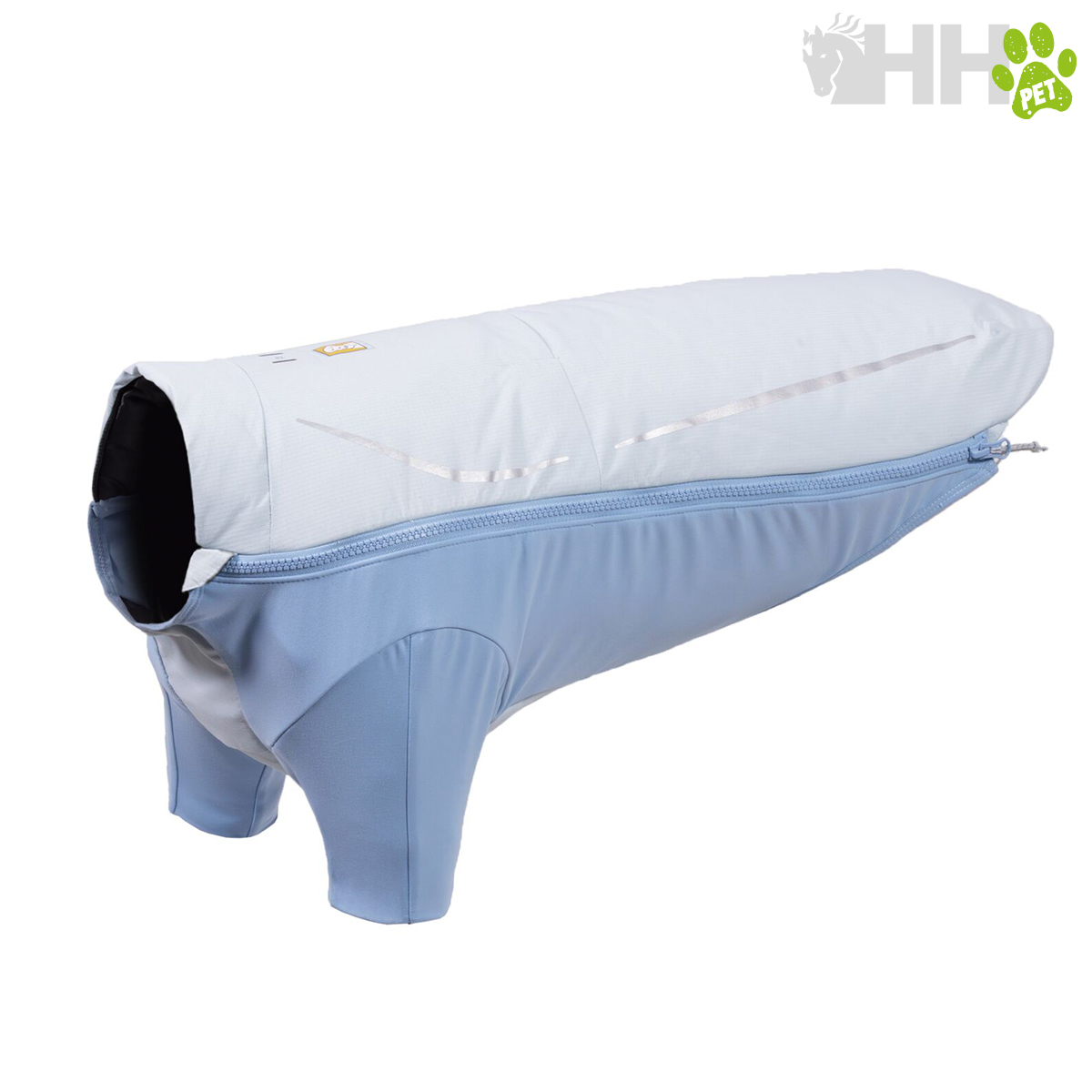 Roupa para cão azul-claro e branco com fecho e detalhes reflectores