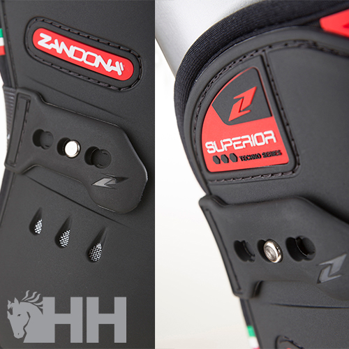 Luvas pretas de motociclista com detalhes vermelhos e etiquetas ZANDONA e SUPERIOR